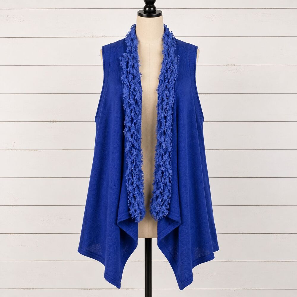 Adore Open Lagenlook Cardigan LARGE Cobalt Blue Draped Asymmetrical Sweater Vest